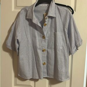NWT blue and white vertical striped blouse.